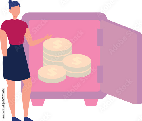 The girl is showing the coins in the safe.