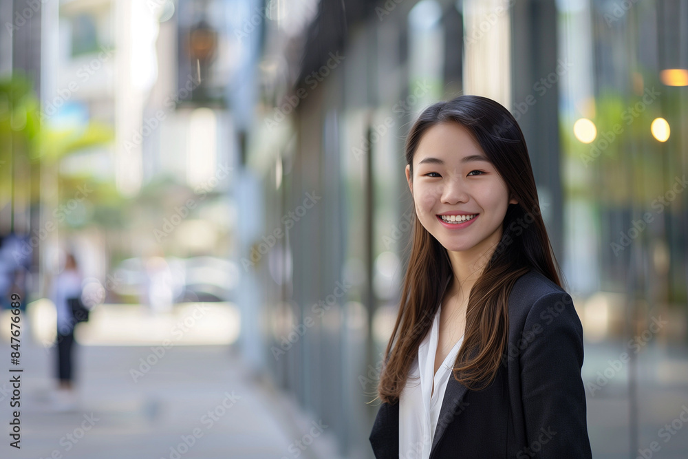Smiling Asian Businesswoman in Office Building Background Smiling Asian Businesswoman in Office Building Background