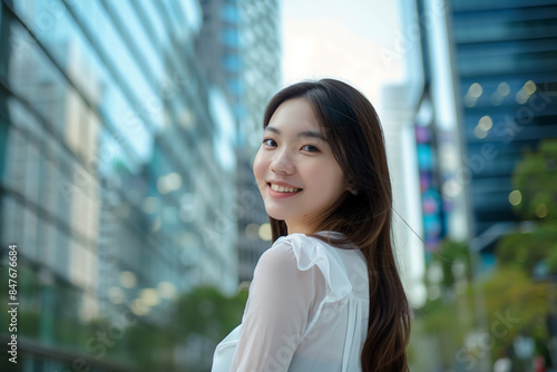 Free Download Smiling Asian Businesswoman in Office Building Background - GFXLoad