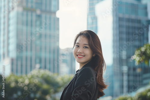 Free Download Smiling Asian Businesswoman in Office Building Background - GFXLoad
