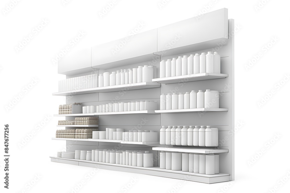 Supermarket Shelves With Blank Banners And POS Display Design. 3D rendering design. Supermarket Shelves With Blank Banners And POS Display Design. 3D rendering design.