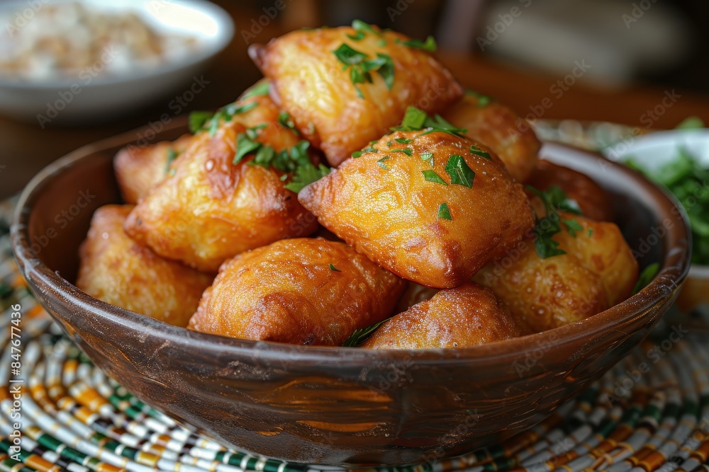 Kenya: Mandazi Deep-fried dough similar to a doughnut but less sweet, flavored with coconut milk and cardamom, served as a snack. Kenya: Mandazi Deep-fried dough similar to a doughnut but less sweet, flavored with coconut milk and cardamom, served as a snack.