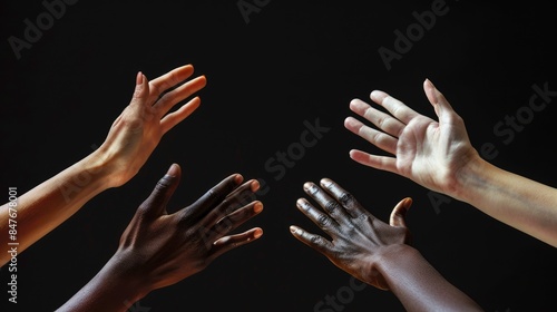 (Disable candidate.safetyratings)The photo shows four hands of different skin tones reaching out from a black background. The hands are reaching out towards each other. AIG535 photo