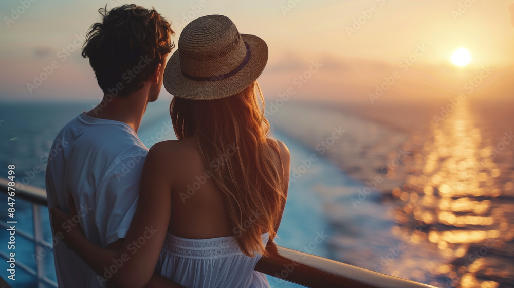 Fototapeta premium Portrait of Young Lovely Couple Vacationing on Yacht, Watching Sunset from Ship Deck on Summer Trip
