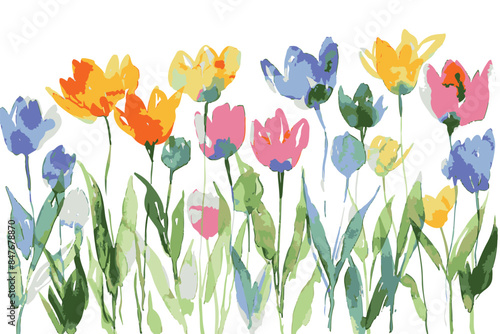 watercolor tulips in the field, spring flowers, pastel colors, simple design, white background, clipart, vector illustration, flat shading, watercolor, detailed, in the style of water color