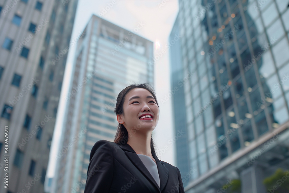Smiling Asian Businesswoman in Office Building Background Smiling Asian Businesswoman in Office Building Background