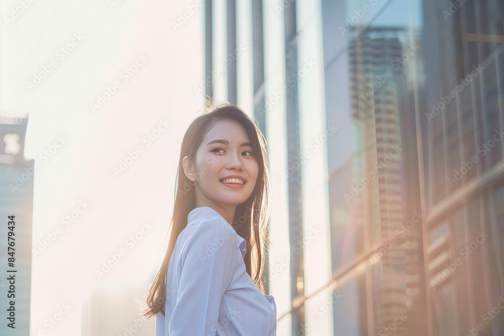 Smiling Asian Businesswoman in Office Building Background Smiling Asian Businesswoman in Office Building Background