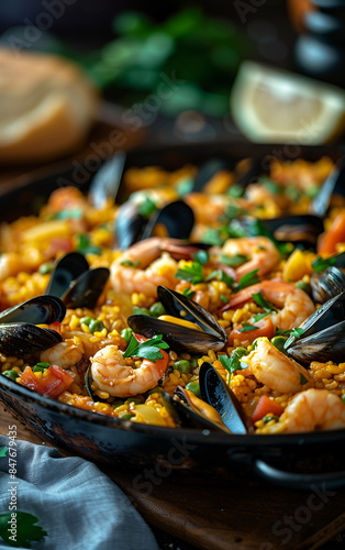 Traditional spanish paella with saffron rice, mussels and shrimp