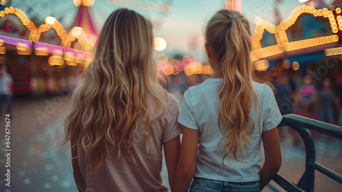 Mom and daughter in an amusement park in summer. Generated by artificial intelligence