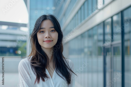 Free Download Smiling Asian Businesswoman in Office Building Background - GFXLoad