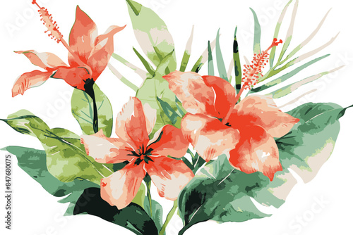 tropical flowers watercolor painting, isolated on white background, minimalism.