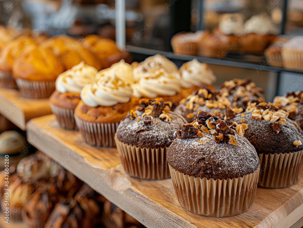 muffins with chocolate and nuts at the rack in the shop bakery muffins with chocolate and nuts at the rack in the shop bakery