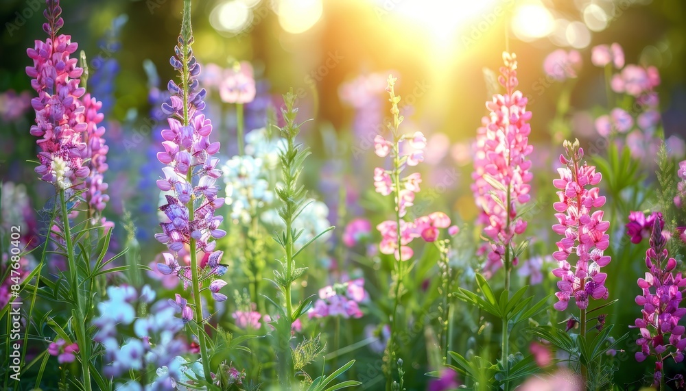 Obraz premium Vibrant and colorful wildflowers enhancing the beauty of a lush meadow on a peaceful summer evening