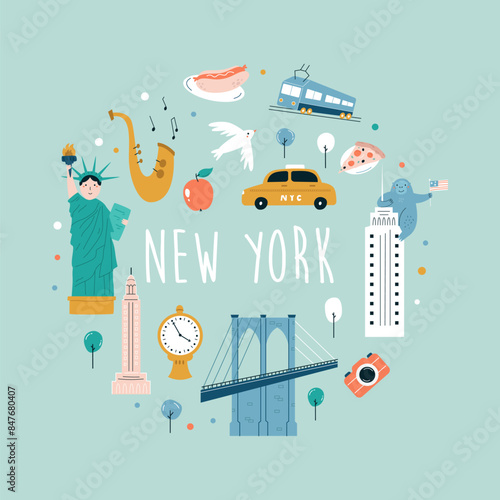 New York hand drawn poster, decoration with famous symbols and landmarks of city
