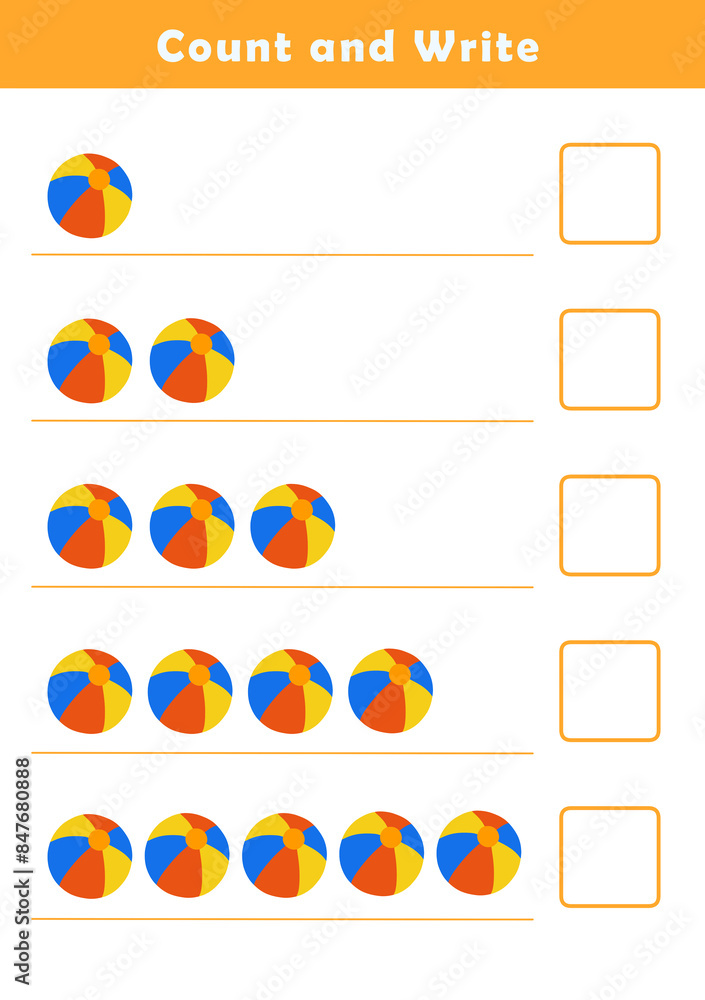 Count and write numbers 1-5. Counting objects worksheet for kids. Educational fun game for children. Kindergarten Counting Worksheet. Count and write numbers 1-5. Counting objects worksheet for kids. Educational fun game for children. Kindergarten Counting Worksheet.