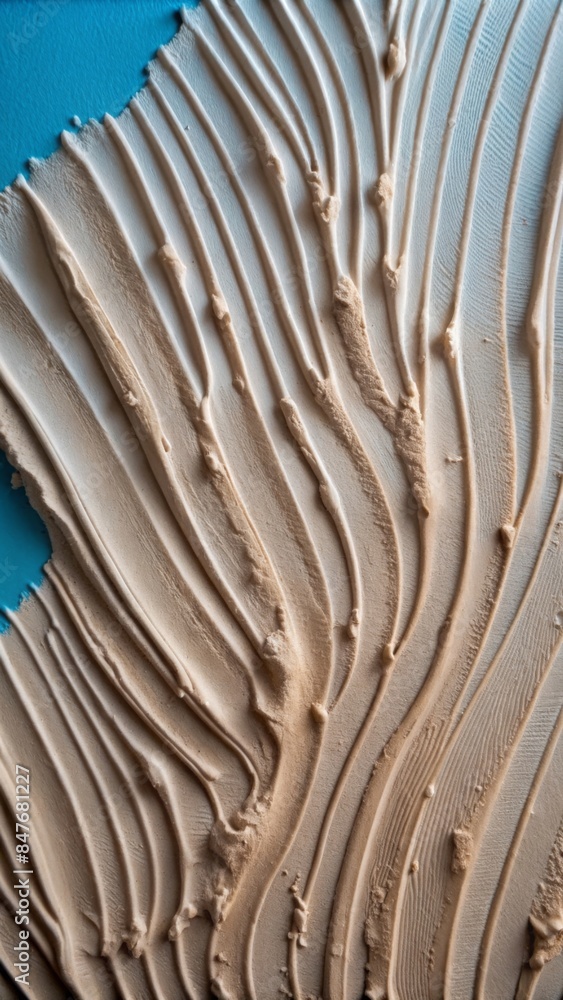 Fototapeta premium The image shows a textured surface with a light beige or off-white color. The surface appears to have been coated with a thick layer of plaster or stucco , giving it an uneven, rough texture.