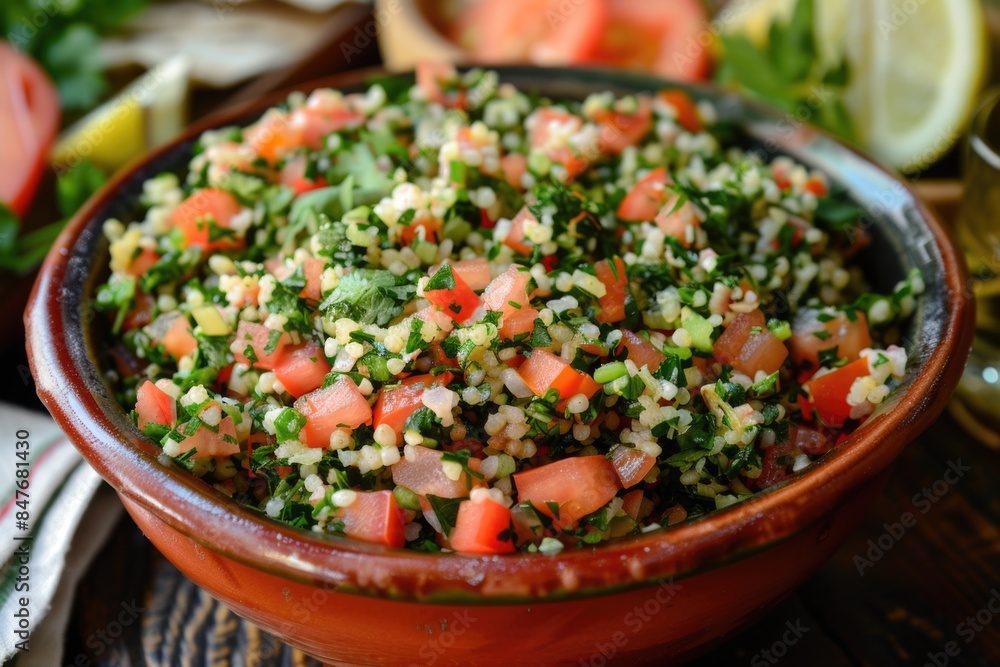 Bowl of salad with tomatoes and herbs in it, arabic traditional meal
Bowl of salad with tomatoes and herbs in it, arabic traditional meal