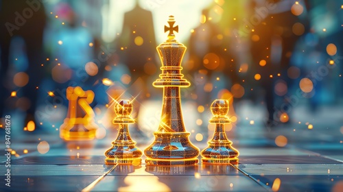 Golden chess pieces on a board against a blurred background with sparks, symbolic representation of strategy, power, and intelligence.