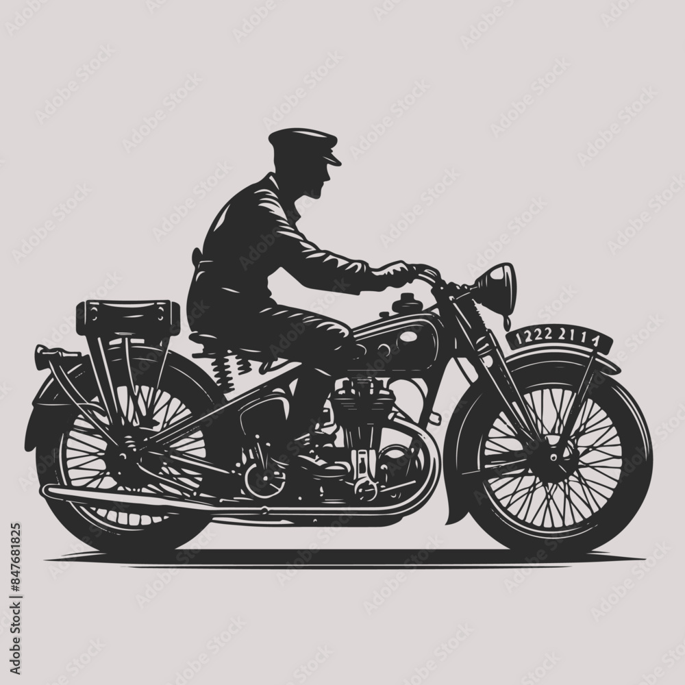 Obraz premium A silhouette of a man riding a classic motorbike in elegant vector art style, capturing the timeless essence and sleek lines of vintage motorcycles.