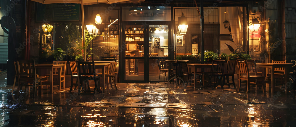 A cozy cafe with wooden tables and chairs, water pooling under the front door from a heavy rain outside, creating small reflections of the interior and the warm lights inside A cozy cafe with wooden tables and chairs, water pooling under the front door from a heavy rain outside, creating small reflections of the interior and the warm lights inside