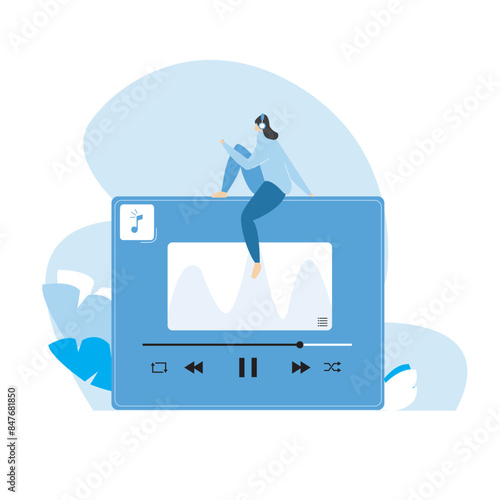 girl listening music on mobile, concept of online music entertainment, music app Vector audio player and online broadcast

