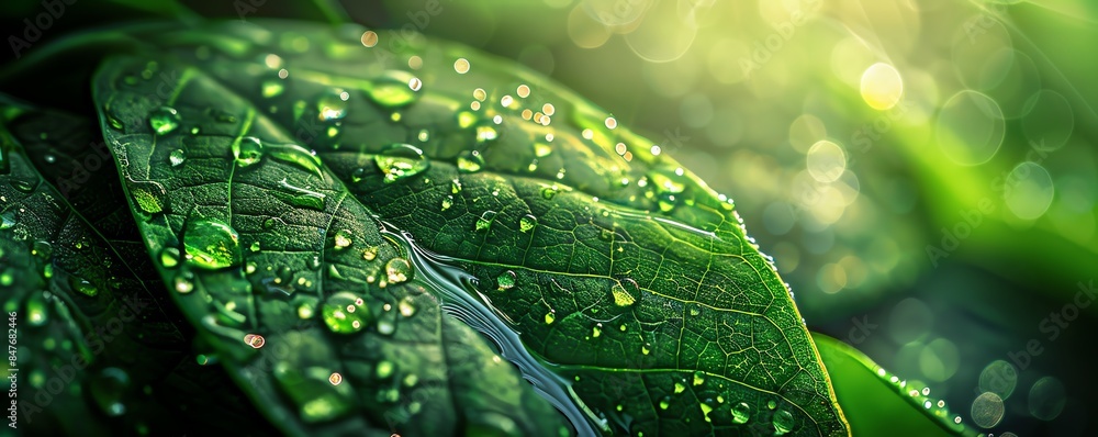 Close-up of green leaves with water droplets highlighting natural freshness and beauty, captured in vibrant light. Close-up of green leaves with water droplets highlighting natural freshness and beauty, captured in vibrant light.