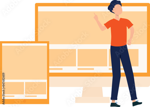 A boy is transferring data from a monitor.