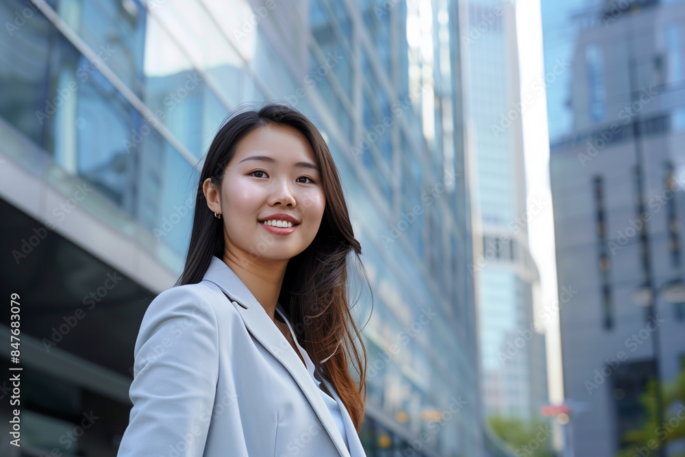 Smiling Asian Businesswoman in Office Building Background Smiling Asian Businesswoman in Office Building Background