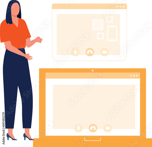 Girl is transferring data on laptop.