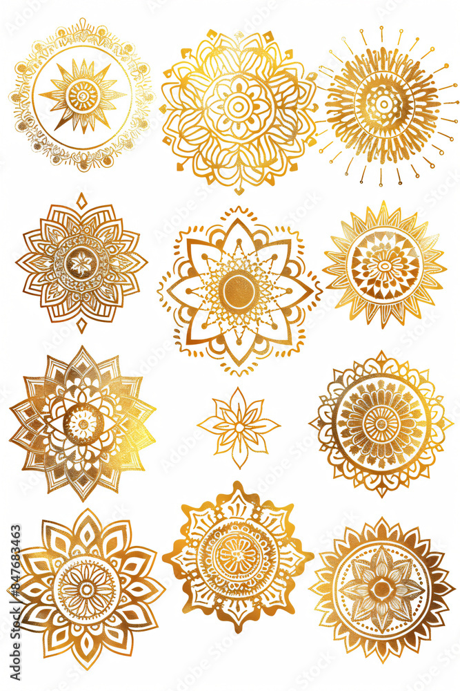 Collection of intricate golden mandala designs on white background Collection of intricate golden mandala designs on white background