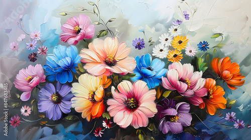colorful flowers Oil color painting. Generative AI.