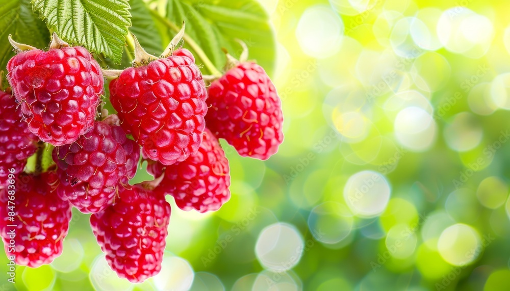 Ripe raspberry branch in garden with fresh berries against blurred green backdrop Ripe raspberry branch in garden with fresh berries against blurred green backdrop