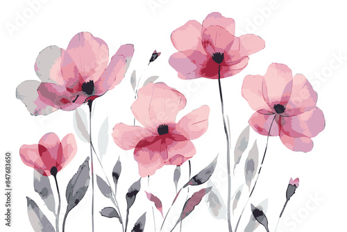 watercolor pink wildflowers on a white background with clear outlines and the flowers outlined in black, in the style of the artist.
