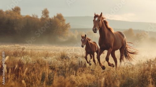 Wild horse and foal running in a sunny field at dawn photo
