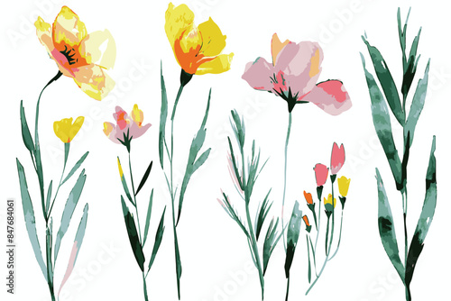 watercolor wildflowers, with green leaves and stems, yellow, pink, red, orange and purple color scheme, in the style of clipart, white background