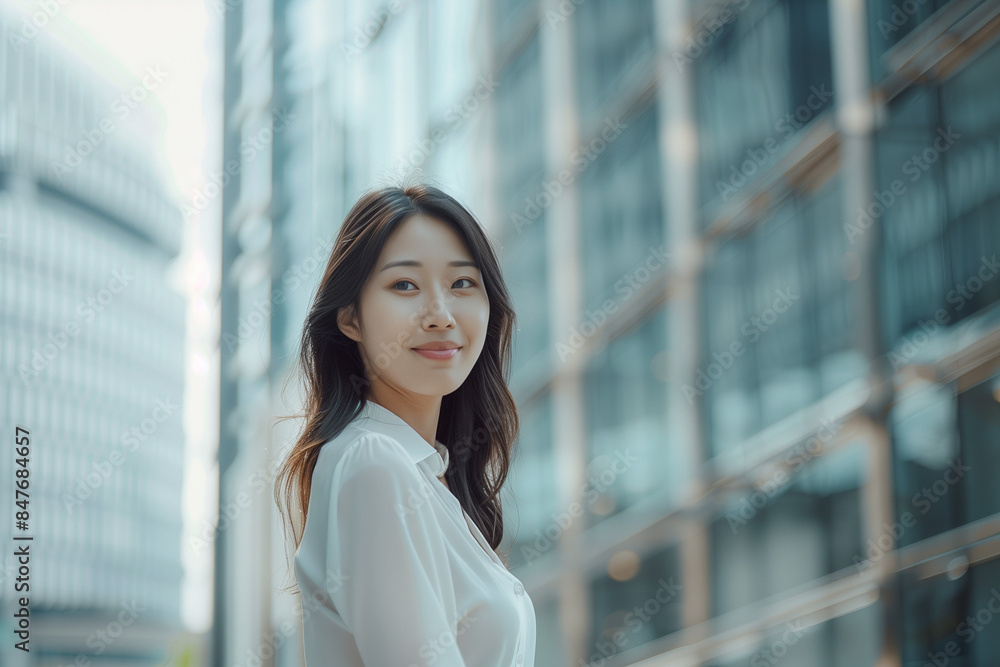 Smiling Asian Businesswoman in Office Building Background Smiling Asian Businesswoman in Office Building Background