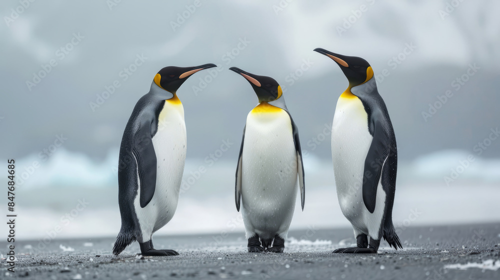 Obraz premium Group of three king penguins standing on icy beach