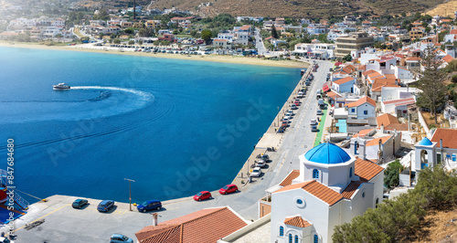 Fototapeta Naklejka Na Ścianę i Meble -  Aerial view of the village and harbour at Korissia, Tzia - Kea island, Cyclades, Greece