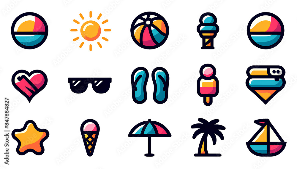Fototapeta premium 夏のフラット デザイン アイコン、イラスト素材｜Summer Flat Design Icons, Illustrations.