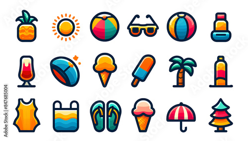 夏のフラット デザイン アイコン、イラスト素材｜Summer Flat Design Icons, Illustrations.