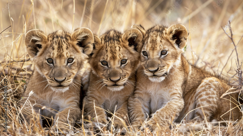Three lion cubs huddled together in dry savannah grass Three lion cubs huddled together in dry savannah grass