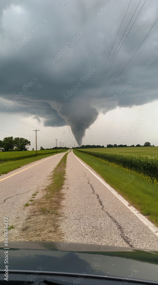 Dirt road through fields with tornado in distance. Extreme weather and natural disaster concept. Image for weather report, banner with copy space. Dirt road through fields with tornado in distance. Extreme weather and natural disaster concept. Image for weather report, banner with copy space.