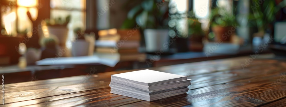 Macro image of a stack of business cards arranged neatly on a desk, ready for distribution. Macro image of a stack of business cards arranged neatly on a desk, ready for distribution.