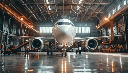 Commercial airliner undergoing maintenance at an aviation hangar for operational service photo