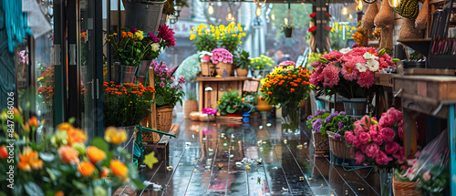 A quaint flower shop with colorful blooms and rustic decor, water seeping in from a recent rain, pooling on the wooden floor and reflecting the vibrant flowers and the natural light