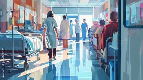 Nurse in the Hospital Ward: In a busy hospital ward, a nurse moves between patients, checking vital signs and ensuring everyone receives the care they need  photo