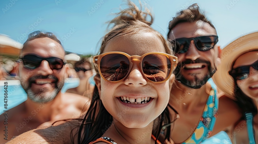 A family is posing for a picture at a pool A family is posing for a picture at a pool