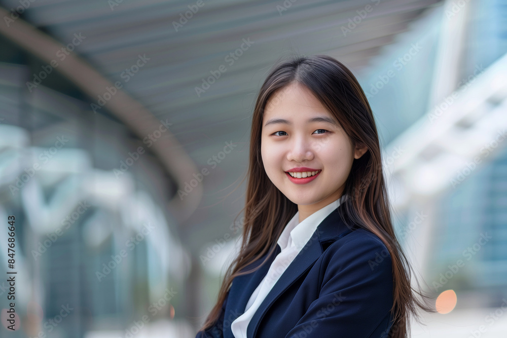 Smiling Asian Office Lady in Office Building Background Smiling Asian Office Lady in Office Building Background