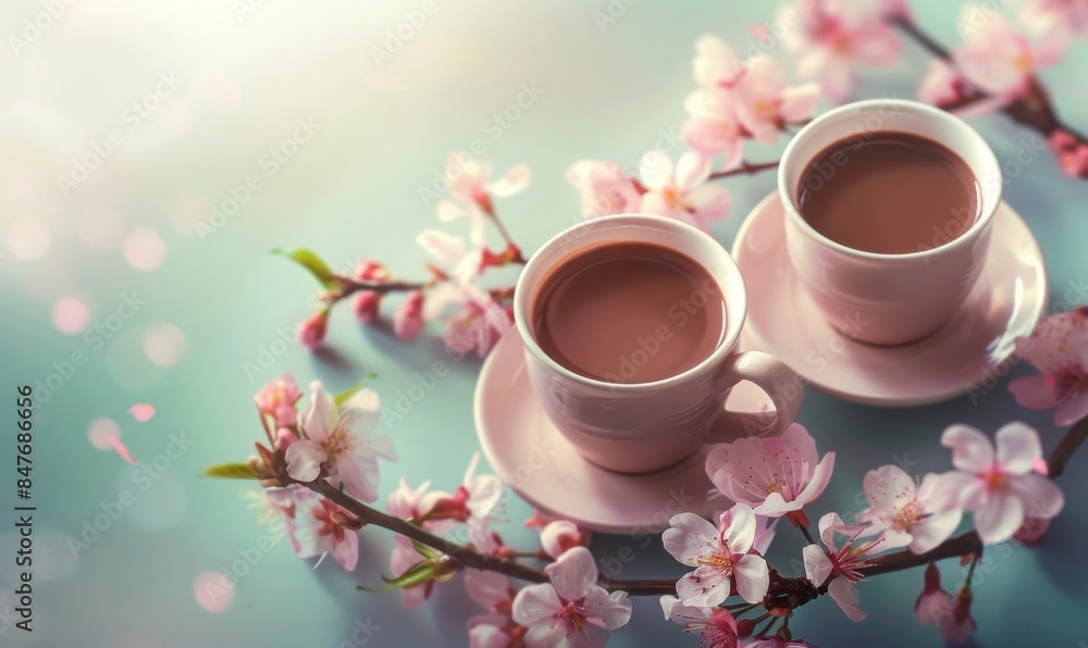 A romantic scene featuring two cups of hot chocolate served with elegance and artistic flair A romantic scene featuring two cups of hot chocolate served with elegance and artistic flair