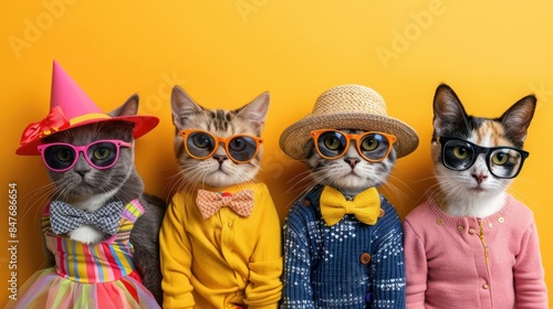 Fashionable cats in outfits on yellow backdrop